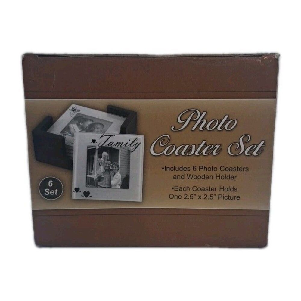 Photo Coaster Set 6 Coasters w/ Black Wooden Holder NIB